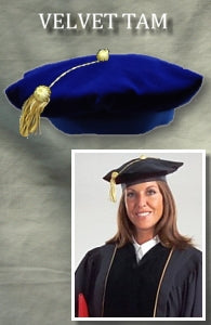 "Tams" Academic Velvet in black and PhD Blue